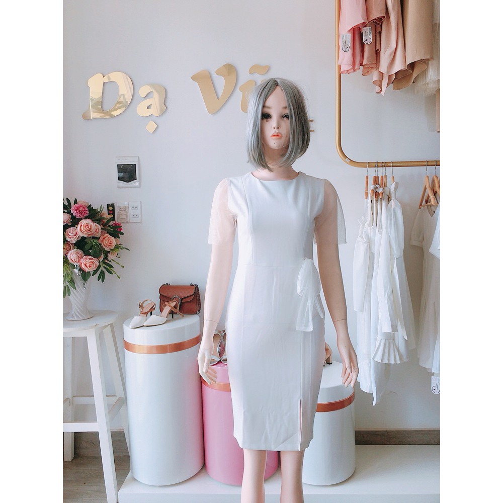 VÁY TRẮNG ÔM BODY PHỐI TAY LƯỚI, ĐƠN GIẢN FOM SIÊU SANG