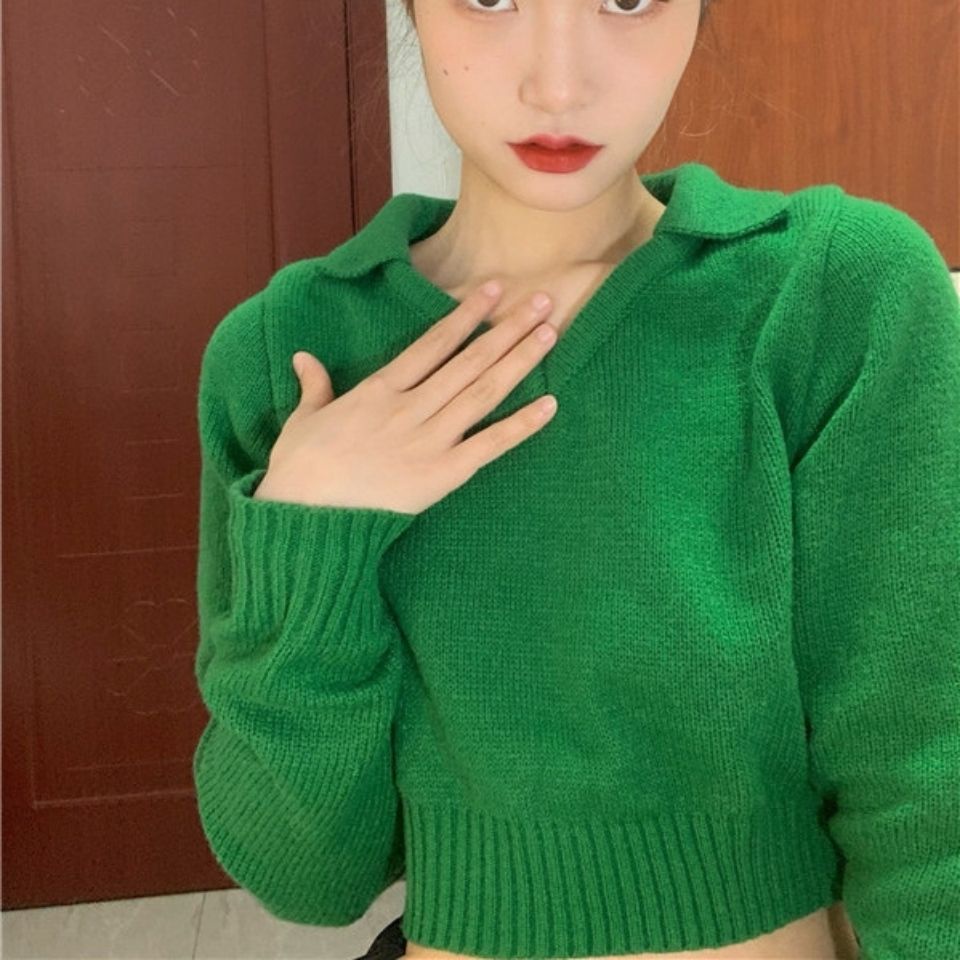 Áo Sweater Dệt Kim Màu Xanh Lá Cây Dáng Ôm Ngắn Phong Cách Hàn Quốc Hàng Mới