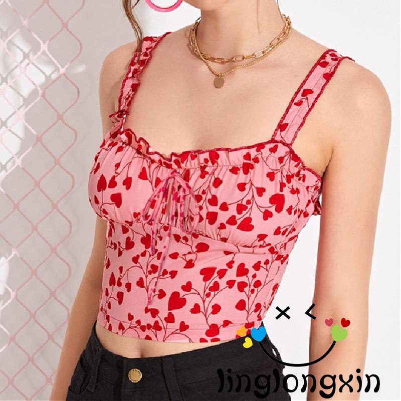 Áo croptop hai dây không tay viền bèo in họa tiết trái tim cho nữ