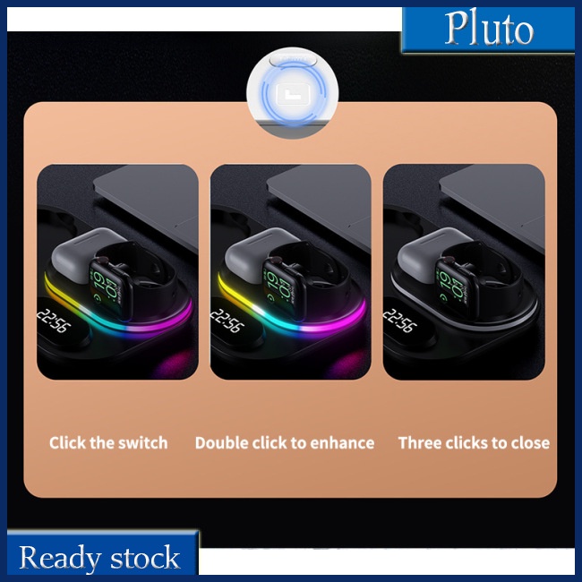 Đế Sạc Nhanh Không Dây 4 Trong 1 Kiêm Đồng Hồ Báo Thức Cho Airpods Pro Iwatch Rgb Có Đèn Led Cho Iphone