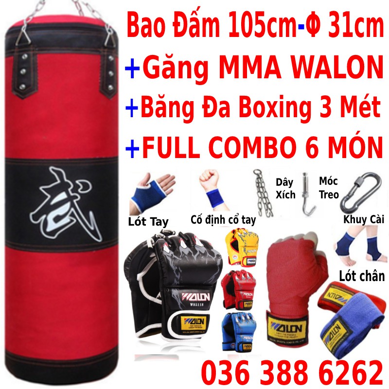 Vỏ bao cát boxing đấm bốc 2 lớp + Găng tay đấm bốc boxing MMA + Băng đa cuốn tay - Tặng kèm dây xích, bảo hành 6 tháng