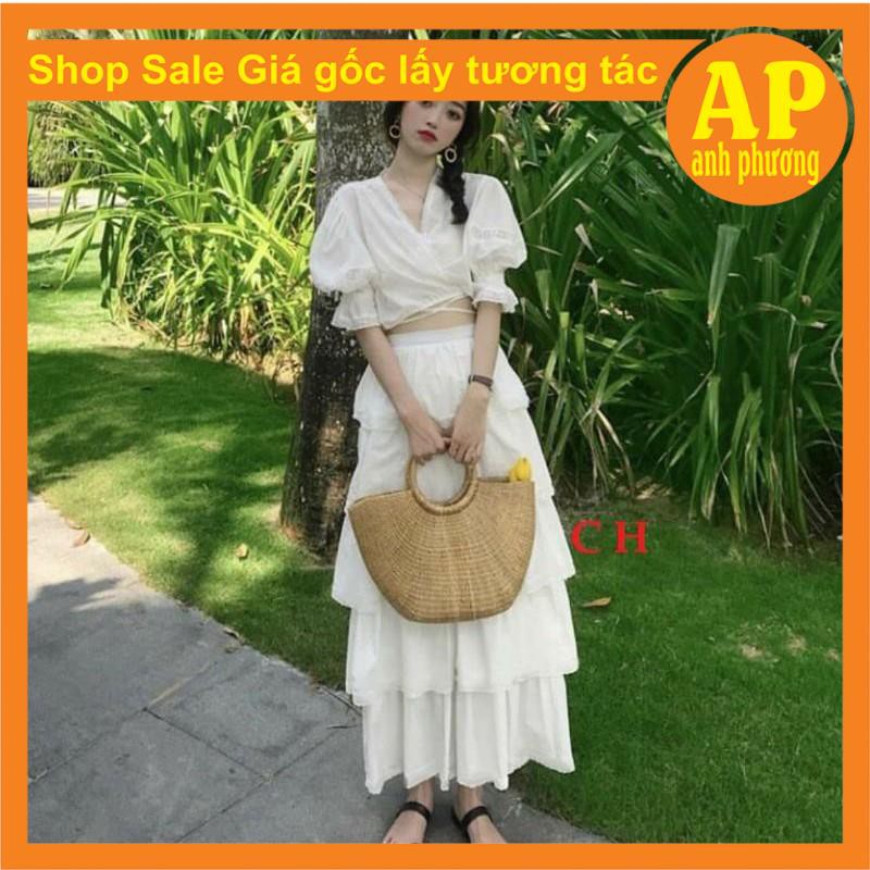 SÉT ĐỒ NỮ gồm sét hai món áo Croptop Cổ V + Chân váy bèo 5 tầng❤ Sét trang phục có Chân váy dài xòe qua gối giá rẻ