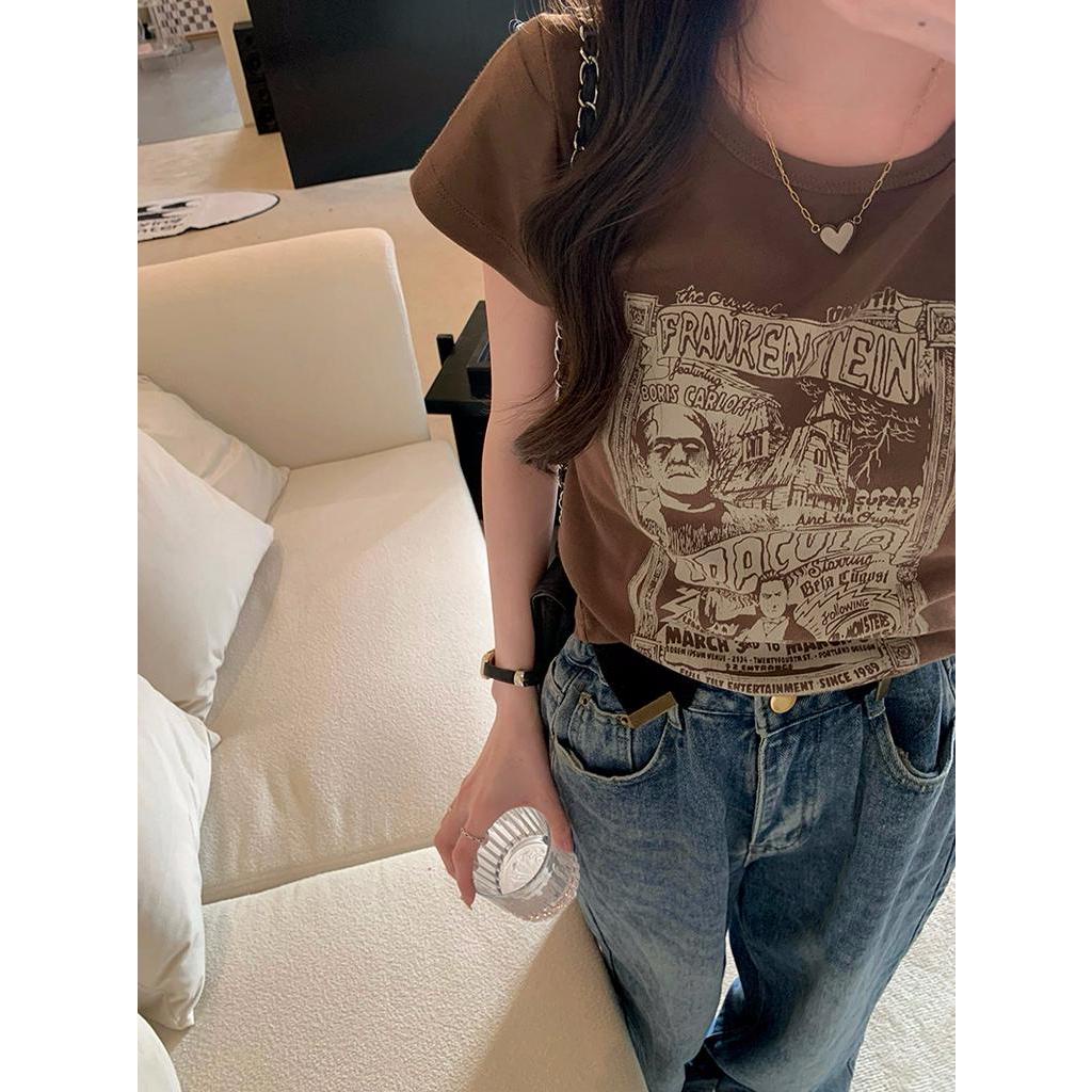 Áo Thun Ngắn Tay In Họa Tiết Phong Cách Retro Hàn Quốc Cho Nữ