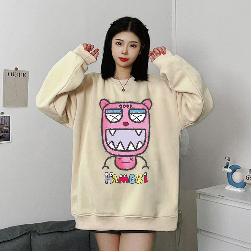 Áo sweater IELGY cổ tròn dáng rộng in hình hoạt hình xinh xắn cho nữ