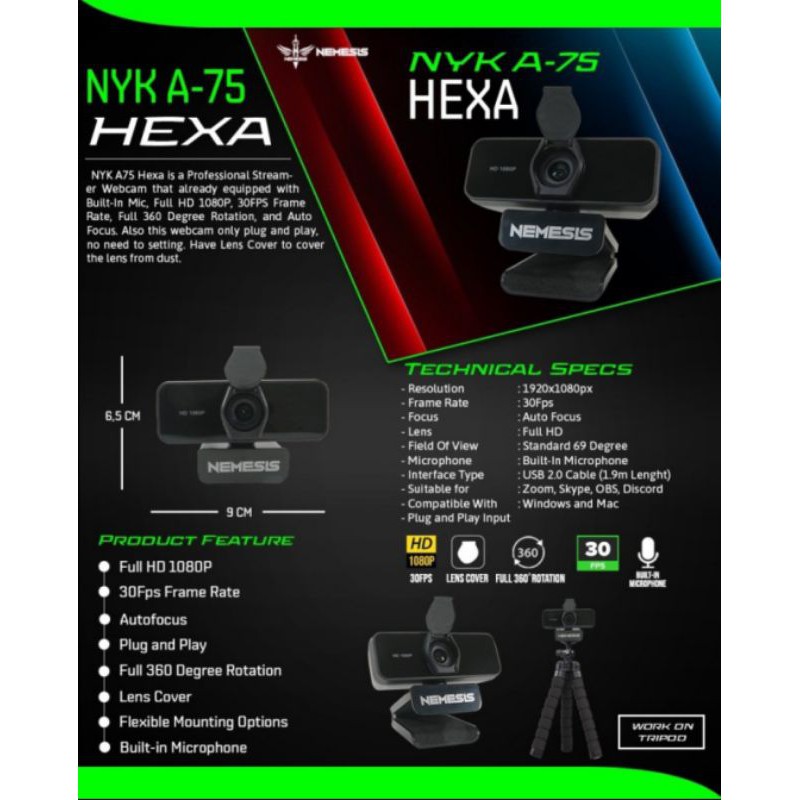 Web Cam Nyk Nemesis A-75 Hexa (hd 1080p) 30 Fps / Nyk A75 / Nyk A 75 | BigBuy360 - bigbuy360.vn