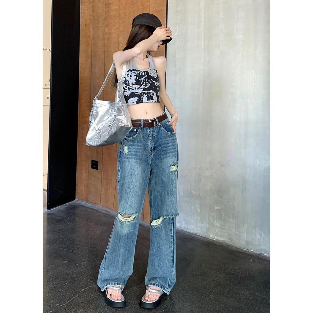 65349 Mùa hè mới phong cách Mỹ Vintage cao eo thẳng ống thủng quần jean