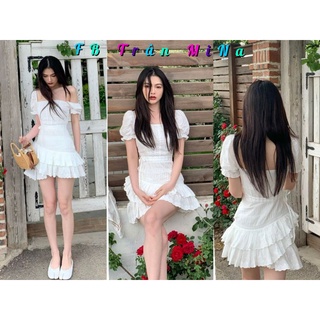 Đầm xoè cổ vuông vai nơ viền bèo ngực