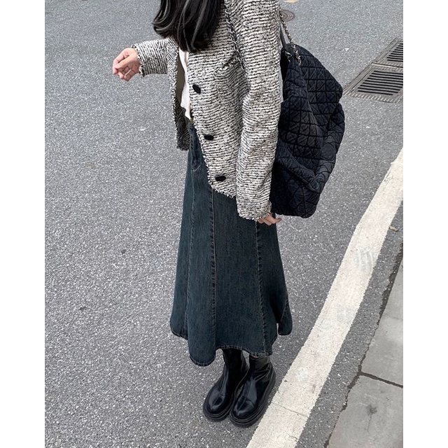 Chân váy bò đuôi cá thanh lịch đáng yêu cực độc, jeans dáng dài xếp ly