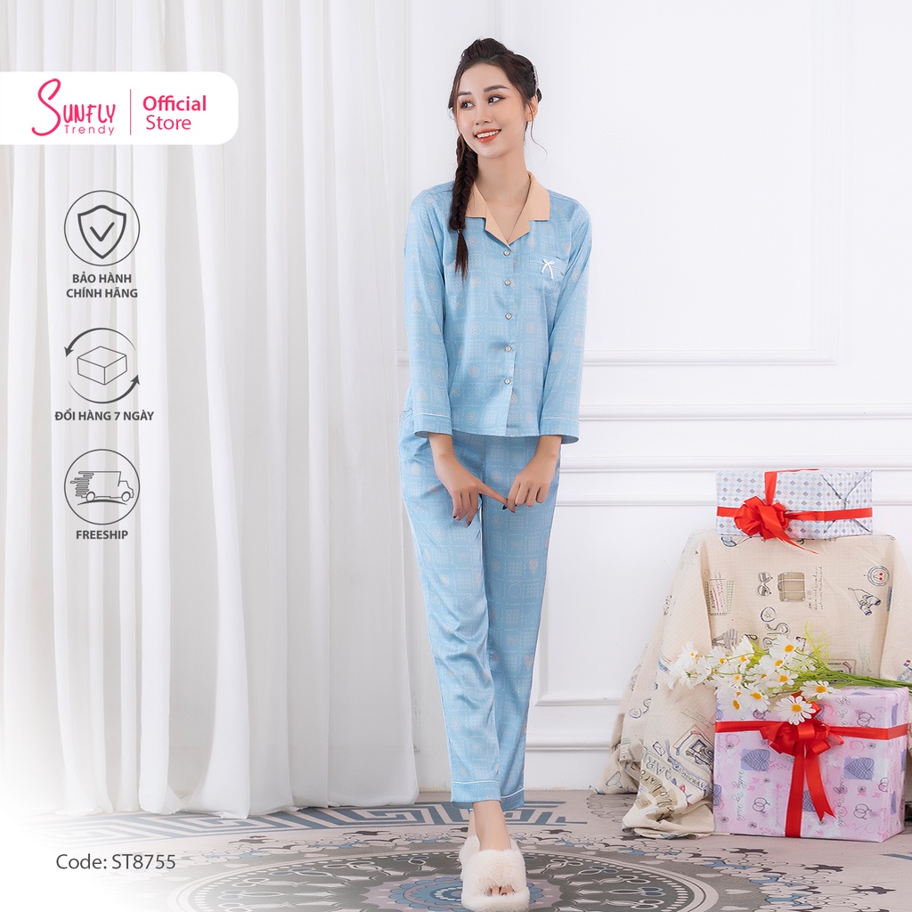 Bộ đồ mặc nhà nữ pijamas lụa SUNFLY áo dài quần dài ST8755