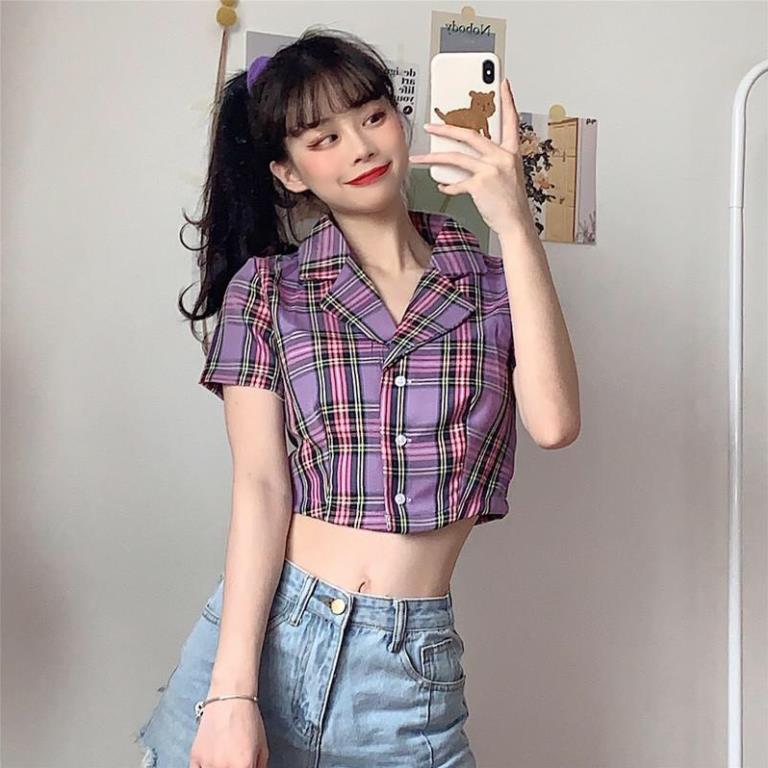 ÁO SƠ MI CROPTOP TAY NGẮN KẺ SỌC CARO THỜI TRANG CHO NỮ - CROPTOP CARO KẺ TÍM ĐEN ĐỎ HỒNG VÀNG XANH 💝