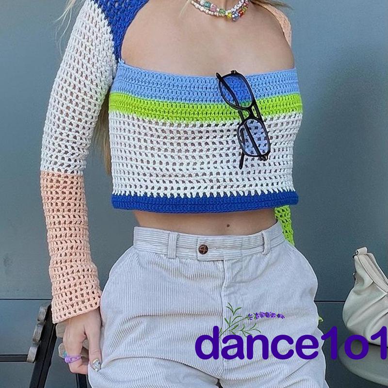 Áo croptop dệt kim tay dài khoét lỗ hình khối màu sắc cho nữ E6