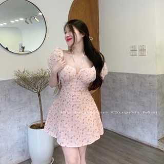 Váy hoa nhí tay bồng cổ vuông dáng ngắn chất liệu voan mềm mại không nhăn, đầm hoa nhí tiểu thư siêu tôn dáng