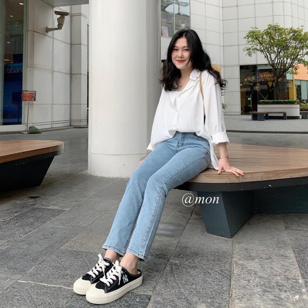 2101359 Quần jeans nữ ulzzang chất jeans mềm co giãn tốt dáng ôm loe nhẹ ống đứng 2 màu đen, xanh có size -(HY^