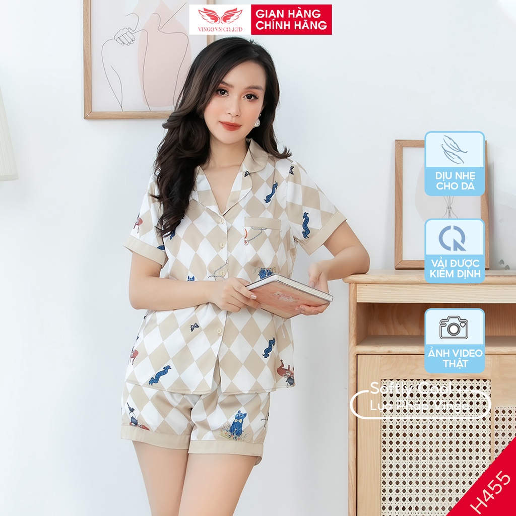 Đồ bộ nữ Pijama lụa Pháp VINGO tay cộc quần cộc mặc nhà mùa Hè họa tiết Mèo Vương Miện kẻ caro vàng dễ thương H455 VNGO