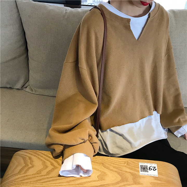 Áo Hoodie Nữ Dáng Rộng Giả Hai Lớp Phong Cách Hàn Quốc