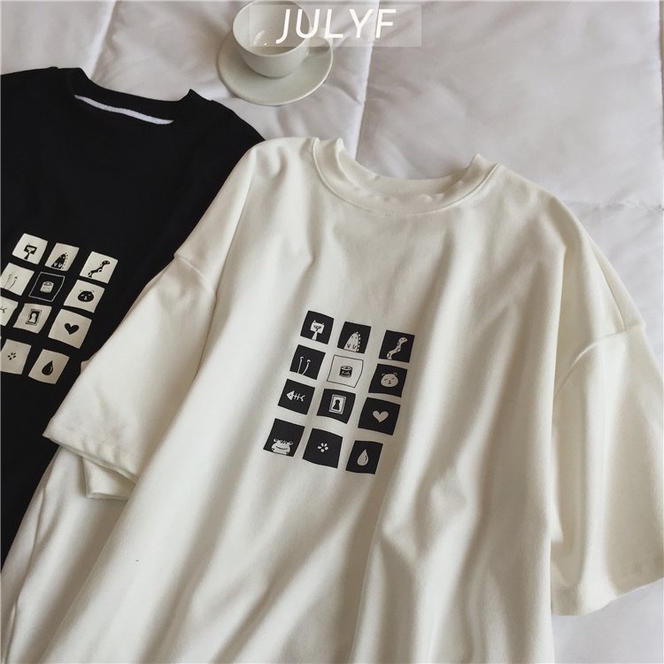 Áo phông nữ icon ô vuông nhỏ 3158 JULYF - Thun form rộng tay lỡ in hình vintage đẹp, cá tính hàn quốc ulzzang