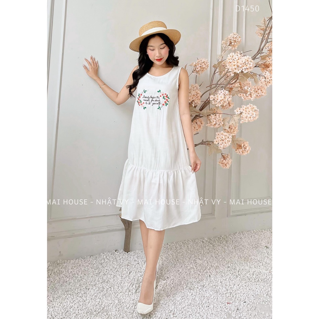 Đầm Đi Chơi NHẬT VY Sát Nách Thêu Chữ Dáng Suông Đuôi Cá Chất Vải Tơ Xước Màu Vàng, Trắng - D1450 | BigBuy360 - bigbuy360.vn