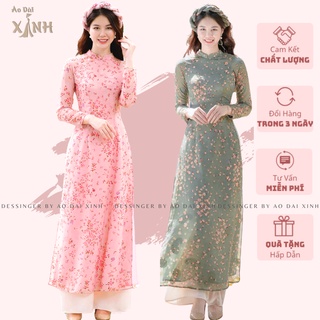 Áo Dài Hoa nhí voon tơ may 4 tà màu hồng + xanh đá nhẹ nhàng