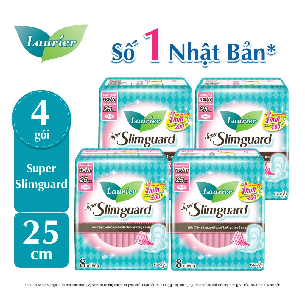 [Mã FMCGMALL -8% đơn 250K] [Mã COSKAO2 giảm 8% đơn 250k] Combo 4 gói BVS Laurier siêu mỏng bảo vệ 1mm 25cm 8 miếng