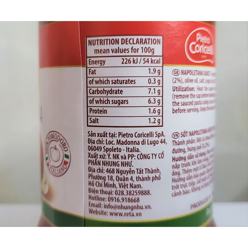 [Lọ 350g – NAPOLETANA ] XỐT MÌ Ý CÀ CHUA [Italia] PIETRO CORICELLI Tomato and Onion Sauce (nhn)