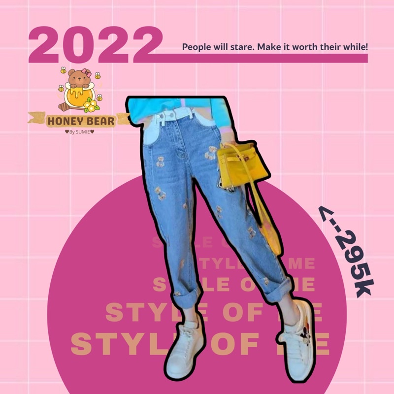 QUẦN JEANS PHỐI MÀU LẠ STICKER GẤU NHÍ - SIZE M VÀ L
