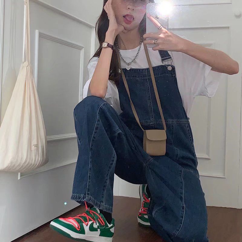 Quần Yếm Denim Màu Xanh Đậm Dáng Rộng Thời Trang Cho Nữ