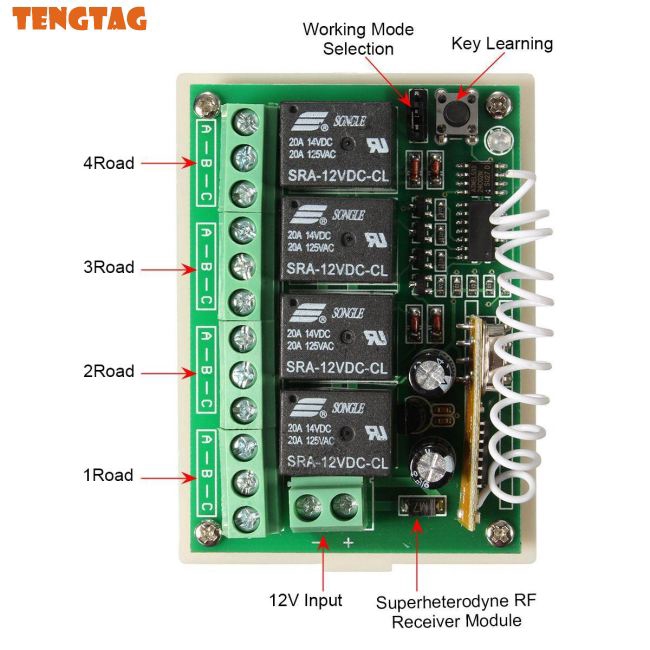 Mạch Điều Khiển Từ Xa Không Dây 12v 4 Kênh 433mhz Kèm 2 Bộ Phụ Kiện