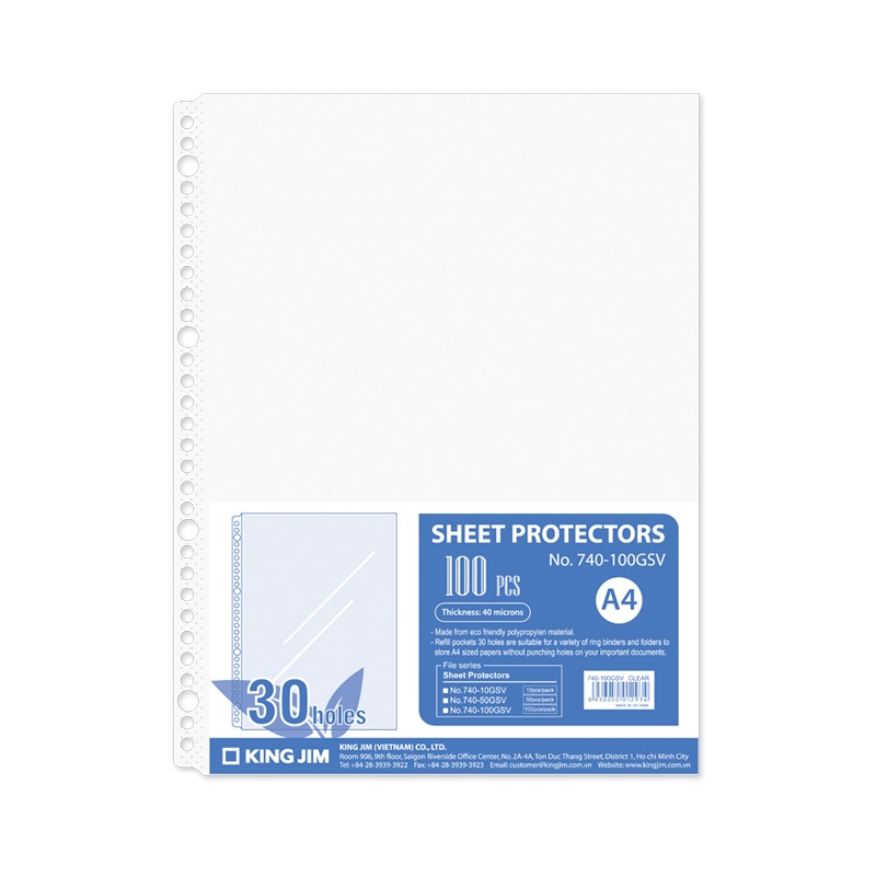 Sơ mi 30 lỗ King Jim khổ A4S dày 40 micron 740GVS & 760GVS, túi 100 chiếc - Bìa nhựa bảo vệ hồ sơ đa năng