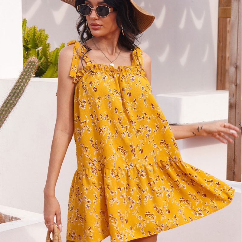 Đầm Mini Hai Dây Nhún Bèo In Họa Tiết Hoa Phong Cách Boho Màu Vàng Cho Nữ