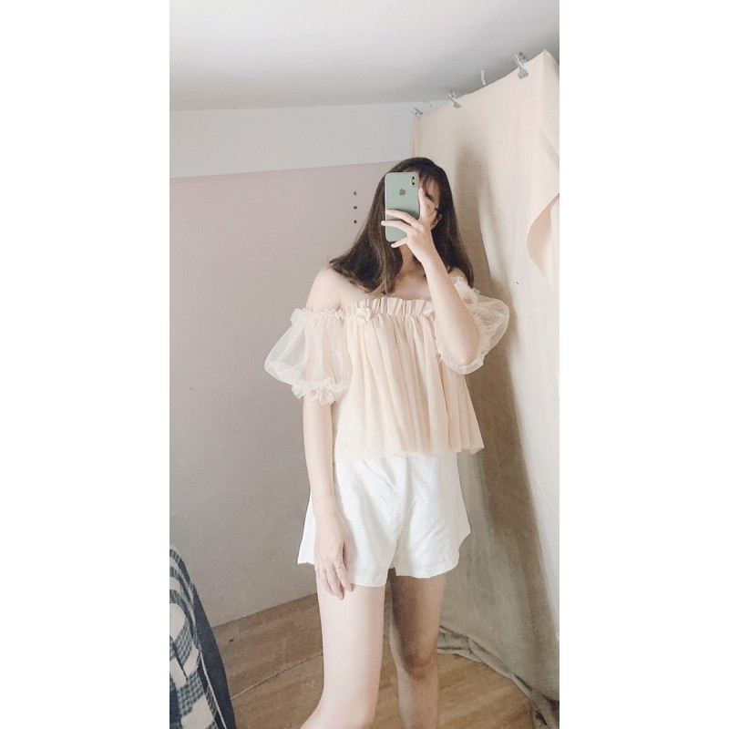SET ÁO VOAN LƯỚI NUDE TAY PHỒNG SHORT