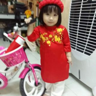 Set áo dài lụa hoa mai bé gái
