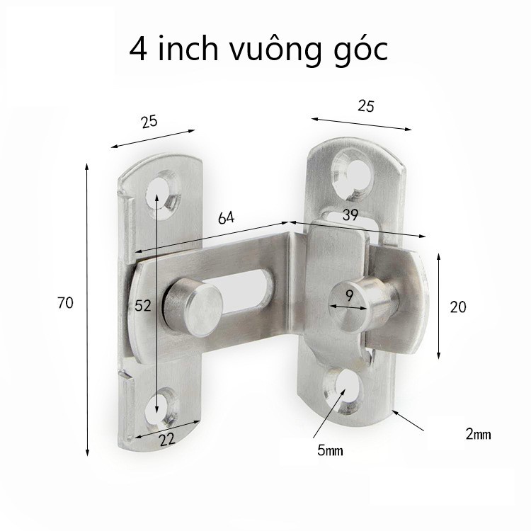 Then cửa, chốt khóa cửa bằng thép không gỉ K02 mẫu vuông góc 90 độ. Full ốc vít