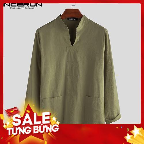 Áo thun tay dài vải lanh họa tiết thổ cẩm B " incerun cho nam - Hàng nhập khẩu