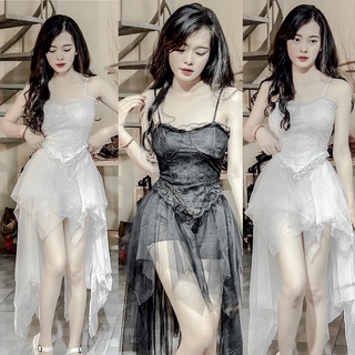 Set áo dây ren phối chân váy lưới tầng xoè