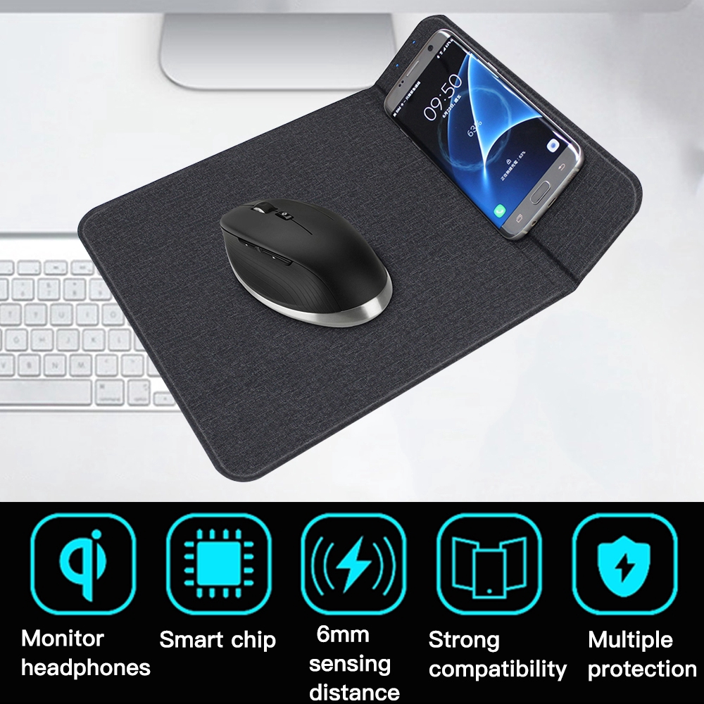 Black 5W Wireless Charging Mouse Pad Mobile Phone Wireless Charger Fast Charging Mouse Pad Mat PU Leather Mousepad for Smartphone