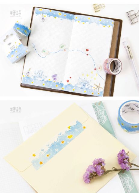 Băng dính trang trí Washi tape mẫu MẶT TRĂNG TÍM VÀ SAO NƯỚC LUNG LINH