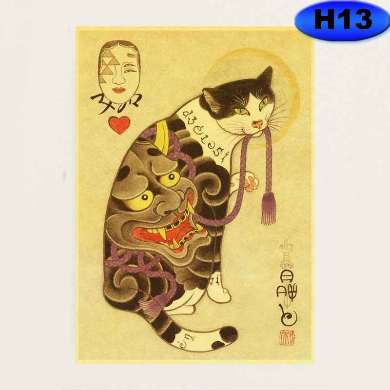 Poster Giấy kraft Treo Tường Trang Trí Hình Mèo samurai Nhật Bản Cổ Điển