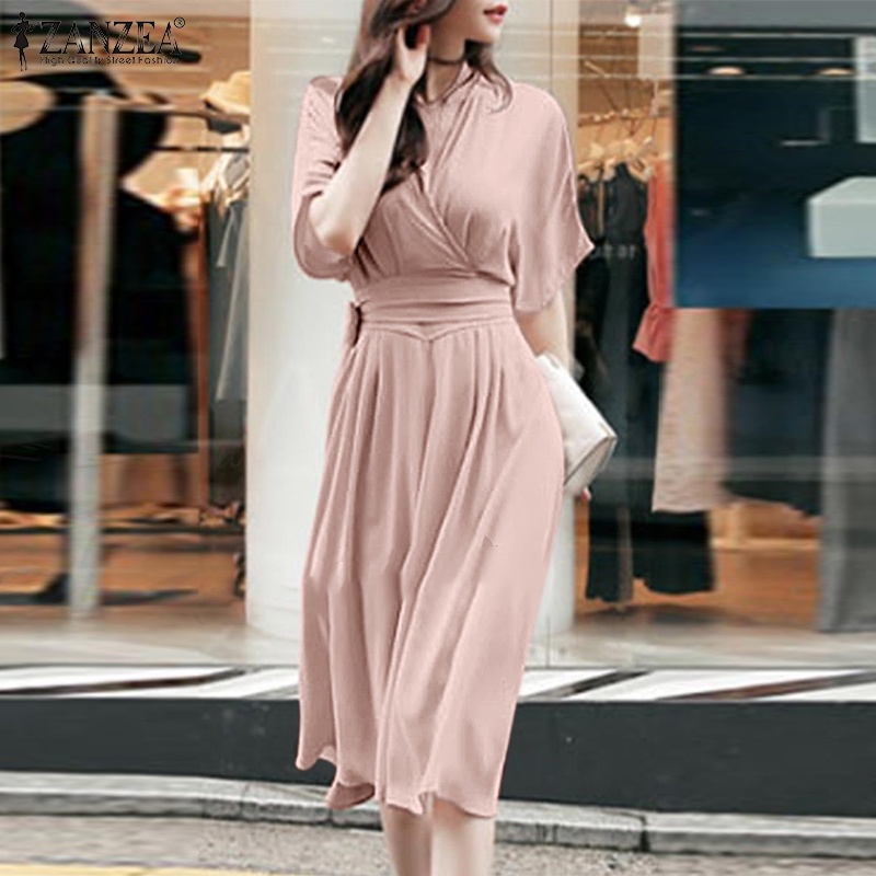 Váy dài ZANZEA tay lửng cổ chữ V thời trang Hàn Quốc cho nữ