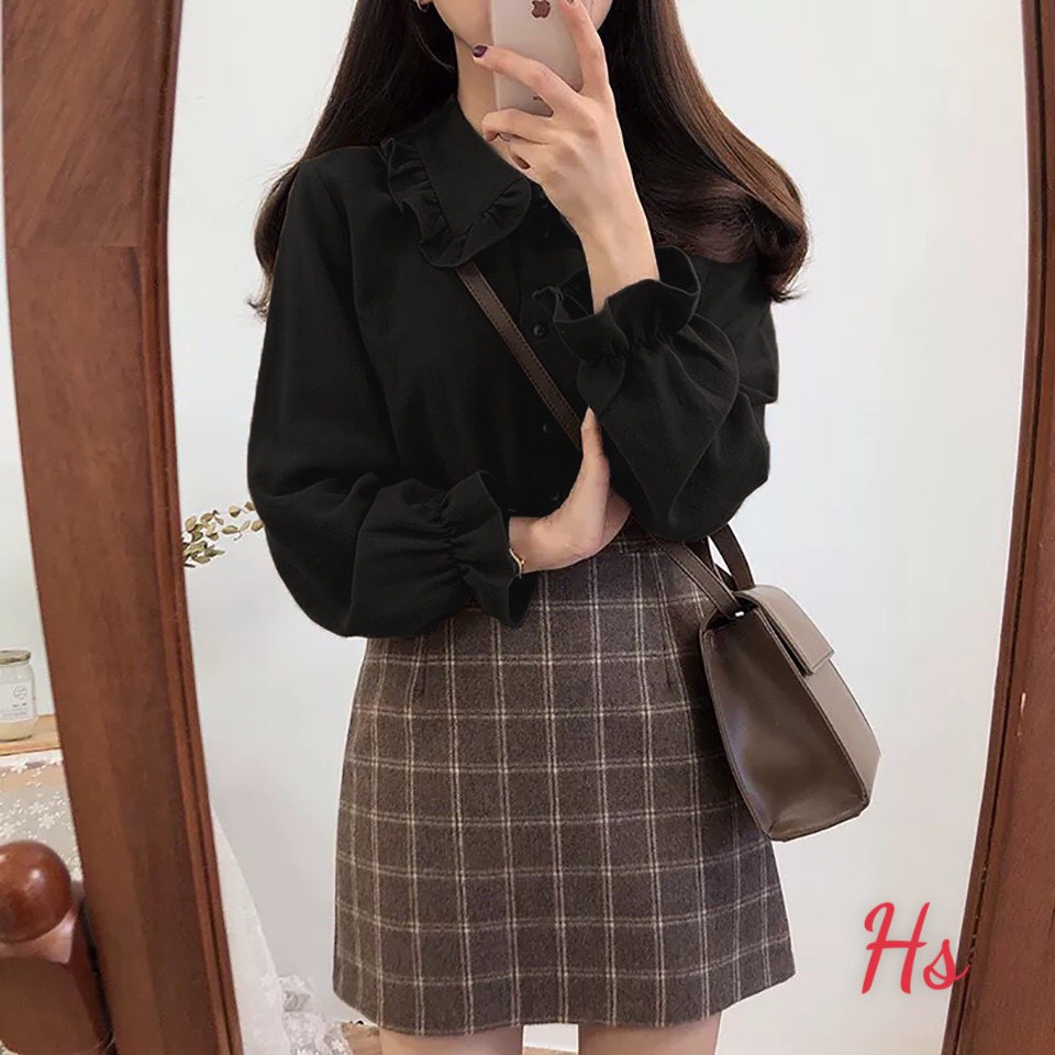 Áo Sơ Mi Đen Cổ Bèo 🦋 Áo Somi Nữ Chất Đũi Màu Đen 🦋 | BigBuy360 - bigbuy360.vn