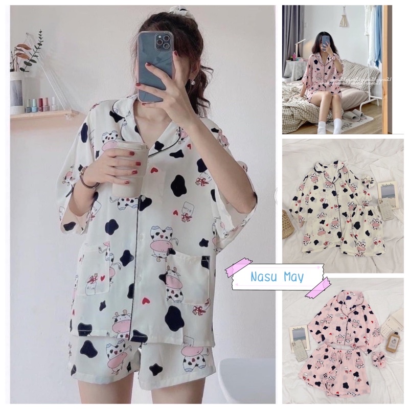 PIJAMA Nữ Bò Sữa Cute 🦋 Đồ Ngủ Set Mặc Nhà Bò Sữa Mũi Hồng 🦋