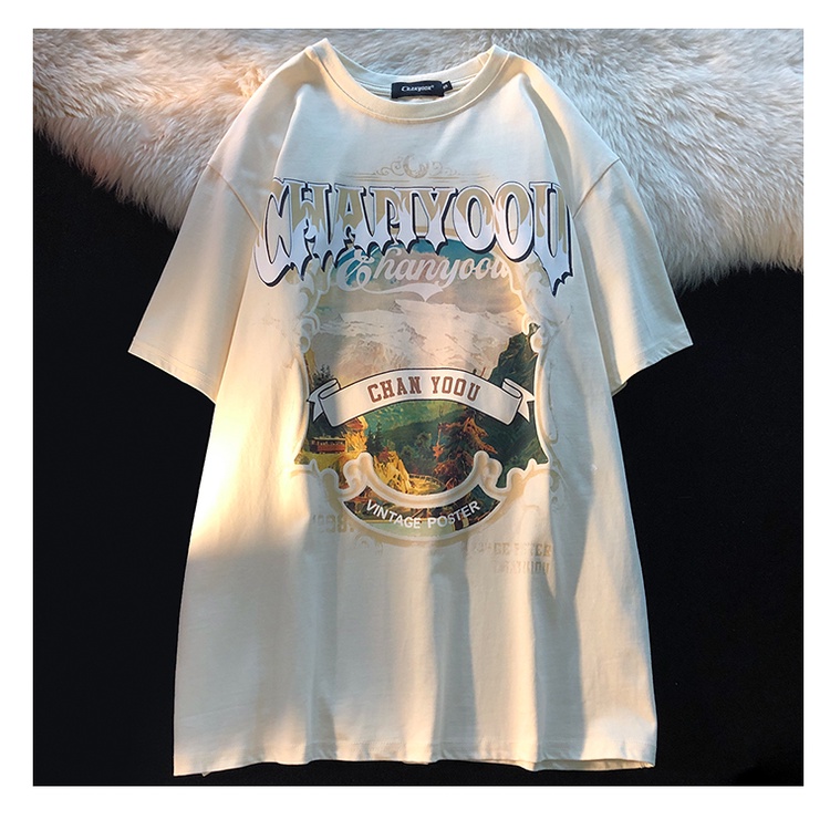 Áo Thun Ngắn Tay Cổ Tròn In Hình Phong Cảnh Thời Trang Nữ