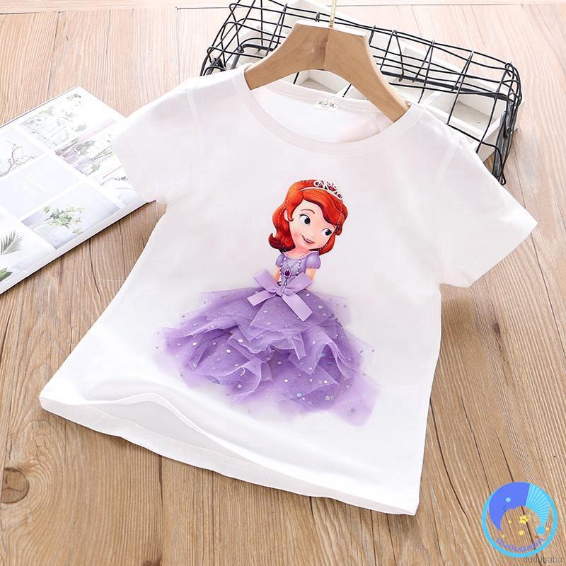 Áo thun ngắn tay trang trí hình công chúa hoạt hình Frozen cho bé gái 2-7 tuổi