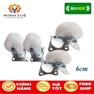 Bộ bánh xe đẩy 6cm nhựa trắng xoay 360 độ, có khóa chống trượt - CƠ KHÍ MINH TUỆ