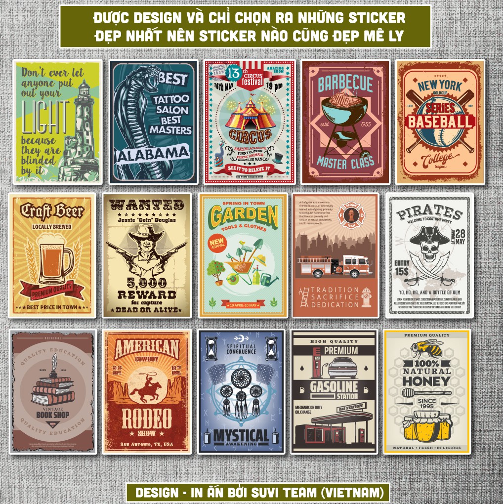 50 Sticker Vintage Retro 7 chống nước sticker dán laptop, điện thoại, đàn guitar, mũ bảo hiểm, vali. MSP:VR07