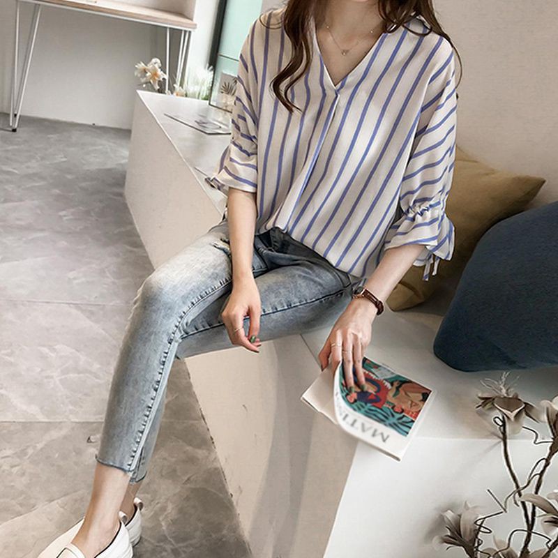 Áo chiffon nữ sọc dọc kiểu Hàn Quốc