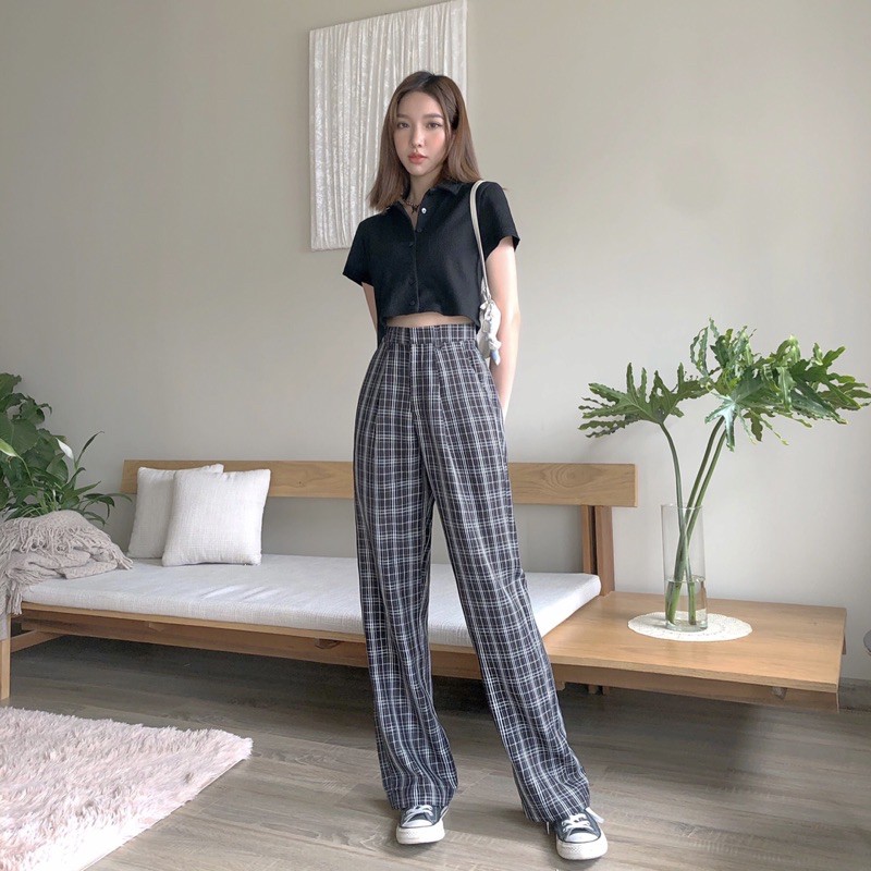 JANET STUDIO • Quần ca rô ống suông rộng