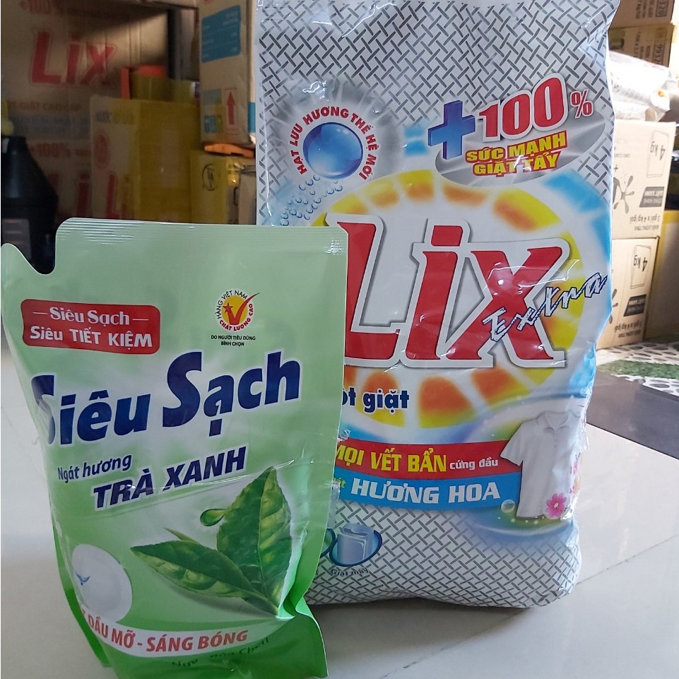 ComBo 1 Bịch bột giặt Lix Extra Hương hoa 5,5kg + nước rửa chén 750gr