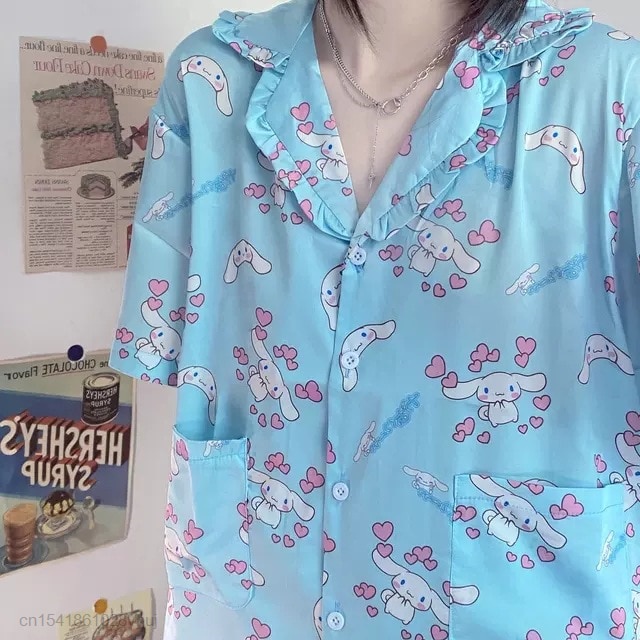 Bộ đồ ngủ tay ngắn họa tiết Hello Kuromi Kitty Cinnamoroll Melody dành cho nữ