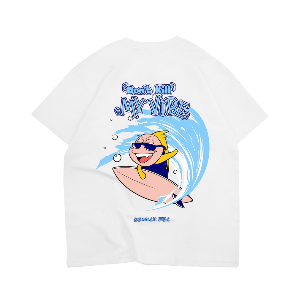 Áo thun nữ phông rộng in hình màu trắng Don't Kill My Vibe White Surfing Tee | K02-T5