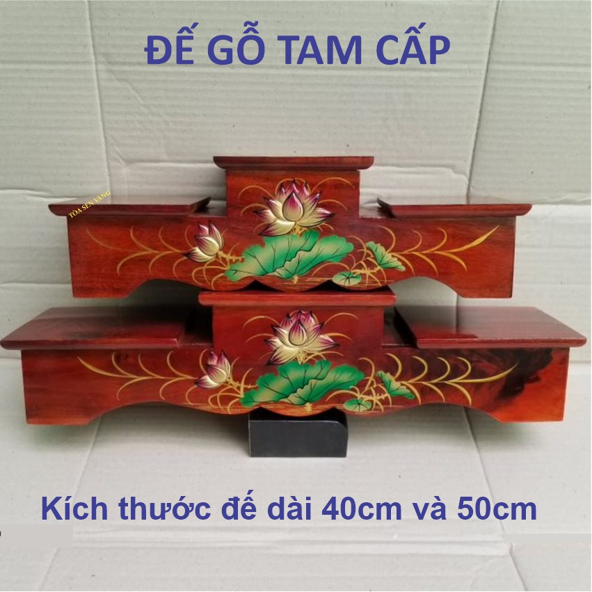 Đế Tam Cấp - Đôn Gỗ Tam Cấp, Đế Gỗ Tràm Bông Vàng, có nhiều kích thước. Trang trí hoa sen nổi